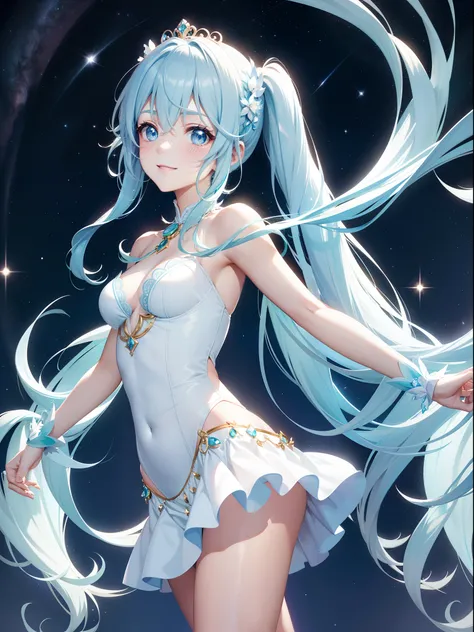 Super Idol　a beauty girl　A charming smile　sky blue hair　length hair　Twin-tailed　Sexy sheer outfit in sparkling pale bright green and white　Fantasia　constellation　a moon　Crystal Brilliance　Aurora Borealis in the Night Sky　facing front