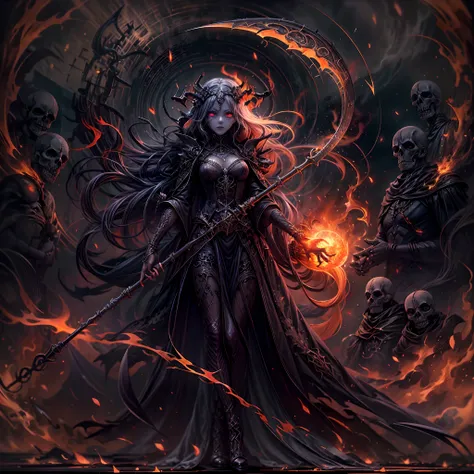 death's scythe with flames, death goddess, dark intricate background, grim reaper, fiery aura, ethereal presence, ominous shadow...