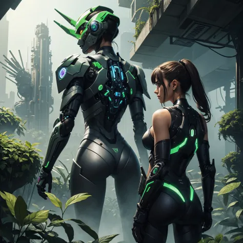 Prompt for back cover illustration (updated version): "Update the back cover illustration to include Verdeel, her friend, and other cybernetic plants coming together to face the machine threat."