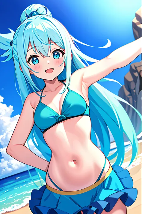 alta qualidade, 1girl, Aqua Konosuba, bikini azul , feliz, night sky, olhos azuis, cabelos longos, cabelos azuis, na praia.