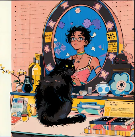 Theres a black cat sitting in front of a mirror, com um espelho, Olhar no espelho, Olhar no espelho, Looking androgynous looking man in the mirror, Arte Lofi, inspired by Kanō Takanobu, arte publicada, illustration!, Directed by: Hermione Hammond, Directed...