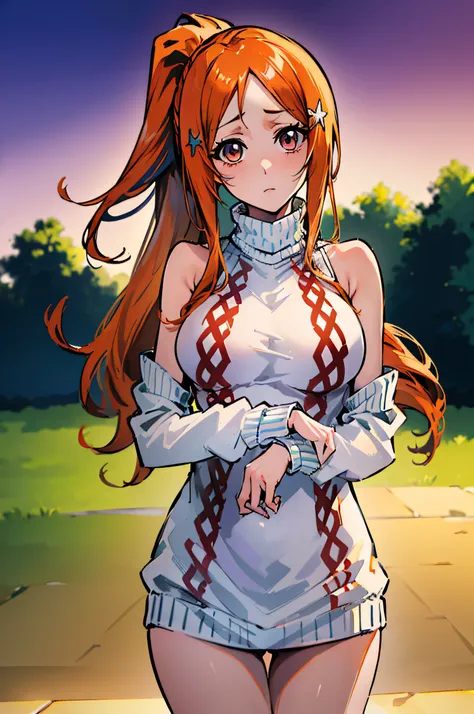 (masterpiece, best quality:1.2), cowboy shot, solo, 1girl, orihime inoue, sexy, NSFW, virginkiller sweater, sleeveless, ponytail, beautiful, wardrobe malfunction, absurdres, high res, ultrasharp, 8k, masterpiece