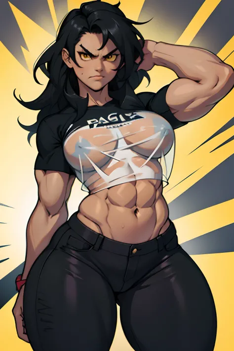 1 girl, black hair, extremely long hair, large breasts, (muscular), thick thighs, tight shirt, tight pants, solo, yellow eyes, navel, abs, angry, fair skin, see-through