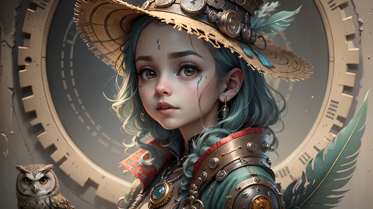 a picture of an owl with a blue feather on its head, a character portrait inspired by james christensen, behance contest winner, fantasy art, steampunk wizard, owl wizard, steampunk digital art --auto --s2