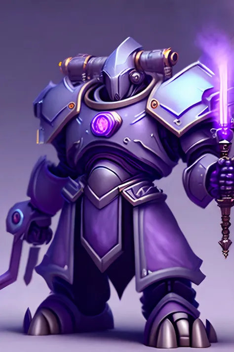 bulky grey mech, wizard, holding mechanical staff, infused with purple magic