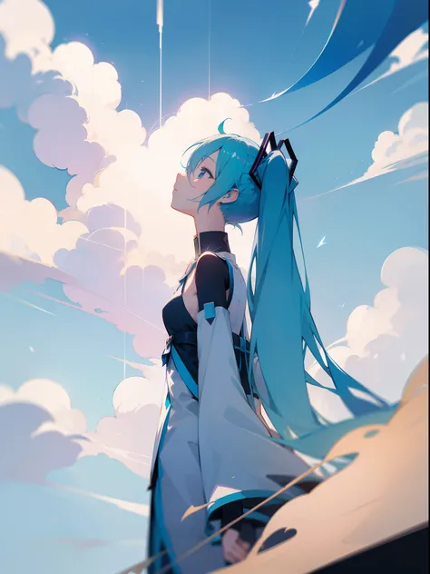 miku hatsune、nigh sky、top-quality、look up sky、delicate、Contrasty、stele