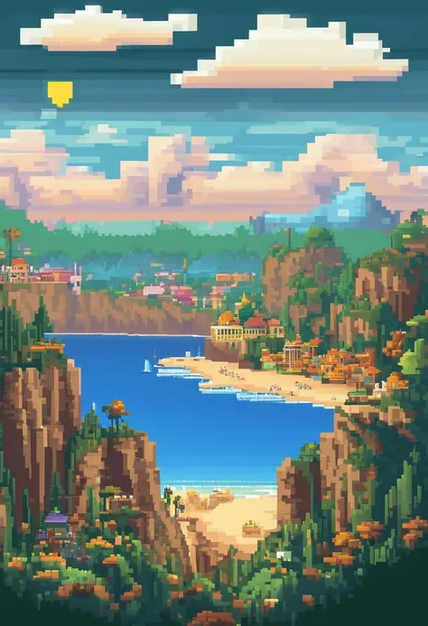 Landscape of the tourist destination Pixel Art. Noite. Pixel Art 3D Papel de parede 4K. Amazing pixel art details. Pixel Art. Ondas de vapor. Pixel Art detalhado do mecanismo irreal