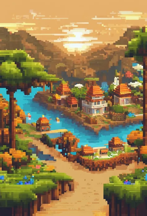 Landscape of the tourist destination Pixel Art. Noite. Pixel Art 3D Papel de parede 4K. Amazing pixel art details. Pixel Art. Ondas de vapor. Pixel Art detalhado do mecanismo irreal