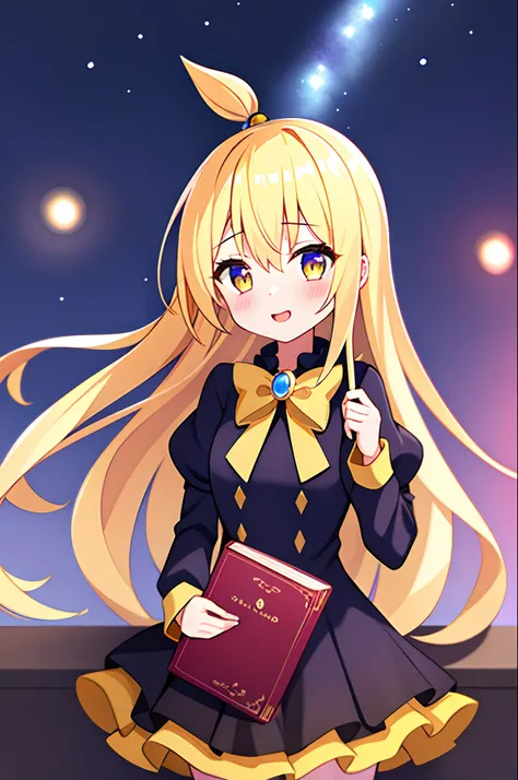 alta qualidade, 1girl 20 age, Darkness Konosuba, vestido amarelo, envergonhada, ao ar livre, night sky, olhos azuis, cabelo rabo de cavalo, cabelo amarelo, seios grandes