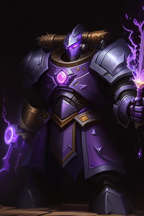 a close up of a purple and black robot with a staff, purple armor, sleek purple armor, wearing dark purple armor, purple glowing core in armor, full portrait of magical wizard, fantasy hearthstone art style, wizard armor, evil knight, evil wizard