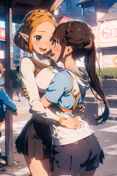 masutepiece, Best Quality, Highly detailed, 1girl in(a short bob, a baby face, Big laugh, zelda(Princess), adolable，Large breasts，Soft body), 1boy, Outdoors, hug