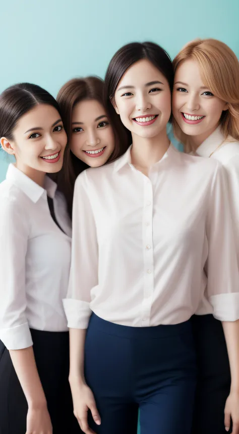 Miss Cabaret、businesswoman、group、white  shirt、hiquality、A hyper-realistic、healthy、Smiling expression、Slender perfect figure、Japan beauties、beautidful eyes、face perfect、Beautiful skin、Blue and white wall background