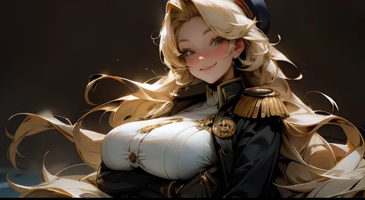 military or naval uniform, beautiful woman, huge breasts, smile, blond hair,