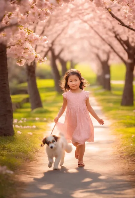 A cute girl with big eyes，With cuteness，The cute puppy is running，The second side of the road is lined with beautiful cherry blossom trees