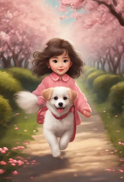 A cute girl with big eyes，With cuteness，The cute puppy is running，The second side of the road is lined with beautiful cherry blossom trees