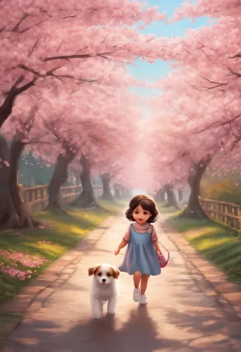 A cute girl with big eyes，With cuteness，The cute puppy is running，The second side of the road is lined with beautiful cherry blossom trees