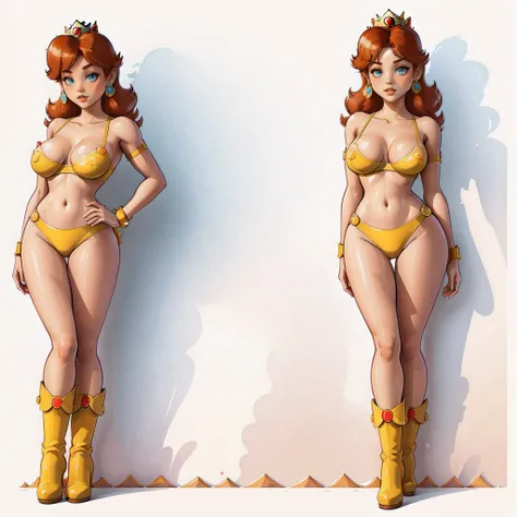 STICKER, A detailed illustration of a vivid Sexy Princess Daisy from Mario naked, bare breasts, face view, ass view, side by side, Solo Female, medium breasts, full cleavage, Full Body View, high heeled boots, legs wide apart, hands behind her back, vintag...