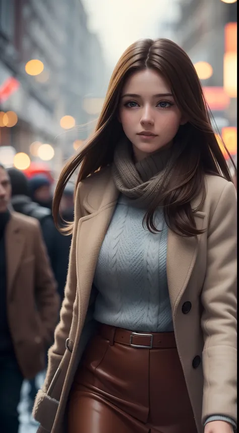 A beautiful woman walking through a crowded street in winter, close up shot, wearing winter clothes, long brown hair, cinematic, volumetric lighting, high quality, 8k, super details, realistic