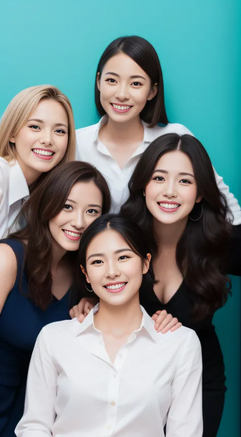 Miss Cabaret、businesswoman、group、white  shirt、hiquality、A hyper-realistic、healthy、Smiling expression、Slender perfect figure、Japan beauties、beautidful eyes、face perfect、Beautiful skin、Blue wall office background