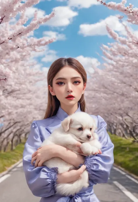 A cute girl with big eyes，The puppy is running，Blue sky and white clouds，On both sides of the road are beautiful cherry blossom trees