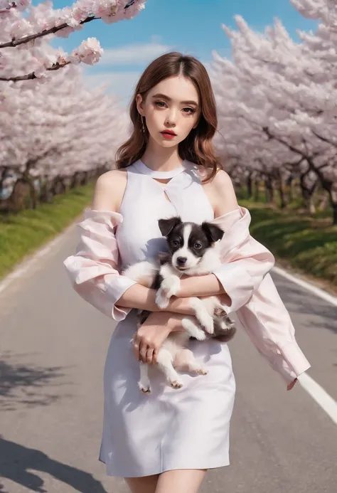 A cute girl with big eyes，The puppy is running，Blue sky and white clouds，On both sides of the road are beautiful cherry blossom trees