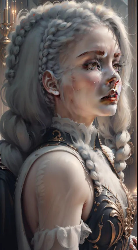 Masterpiece, Highest quality, solofocus, (High detail:1.1),Dramatic, 1人, (Pale skin), Long braids, white hair, Solo, long whitr hair, White luxury dress, stocklings ，high-heels， Detailed background, Art by Artgerm and Greg Rutkowski, Gothic Renaissance, Ci...