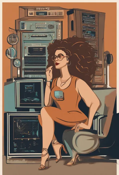 I created a woman who is a programmer , trabalha com tecnologia, em um ambiente cientifico e intergalatico, estudando, ela possui oculos, cabelos grandes pretos, muito inteligente, aspecto tecnologico no ambiente, Feliz, estilo cartoon, estilo logo