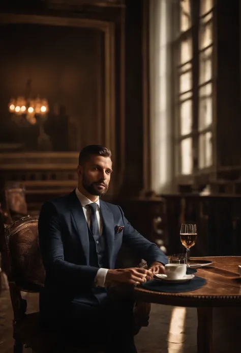 there is a man in a suit and tie sitting at a table, a picture by Daniel Lieske, reddit, renaissance, professional picture, marco bucci, christian dimitrov, ahmad merheb, george doutsiopoulos, daniel dociu, sam nassour, hasan piker, raphael personnaz, elia...