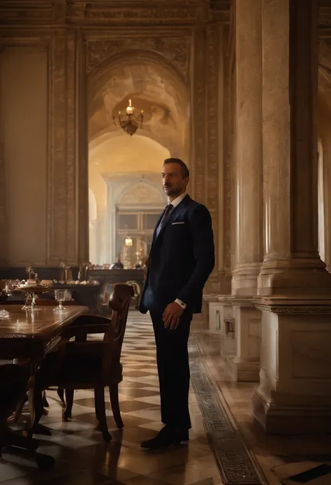 there is a man in a suit and tie sitting at a table, a picture by Daniel Lieske, reddit, renaissance, professional picture, marco bucci, christian dimitrov, ahmad merheb, george doutsiopoulos, daniel dociu, sam nassour, hasan piker, raphael personnaz, elia...