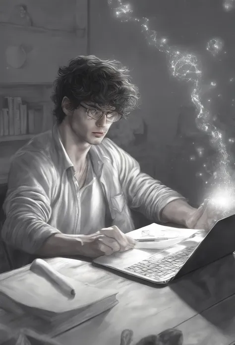 One young man, dressed in minimal casual attire, has an A4 copy paper spread out in front of his laptop and is drawing an image. Beside him, an AI spirit is cheering him on; the AI spirit is composed of white light particles, drifting around the man.