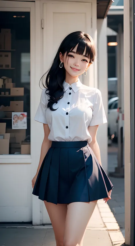 smiling, wearing earrings, dark blue skirt, white short-sleeved shirt,