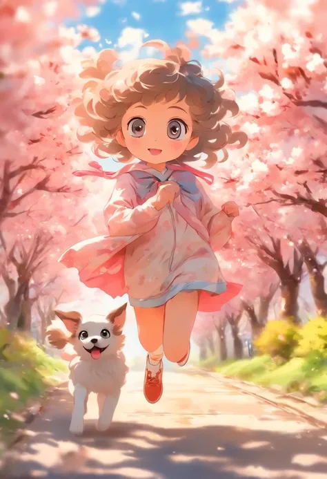 A cute girl with big eyes，The puppy is running，Blue sky and white clouds，The road is lined with beautiful cherry blossom trees，WaterColor style