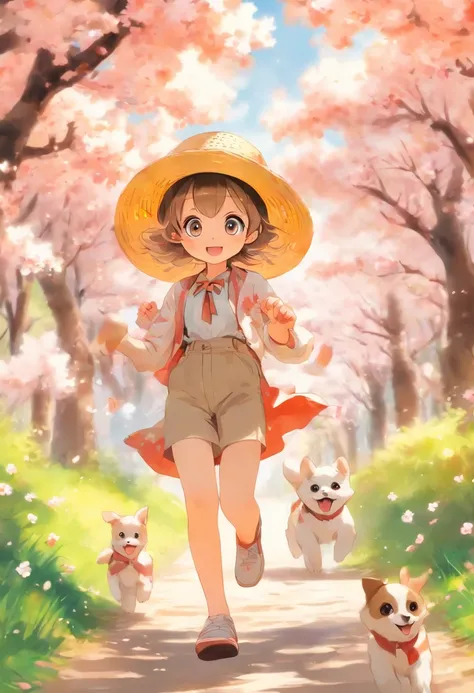 A cute girl with big eyes，trousers，Straw Hat Hat，The puppies are running，Blue sky and white clouds，The road is lined with beautiful cherry blossom trees，WaterColor style