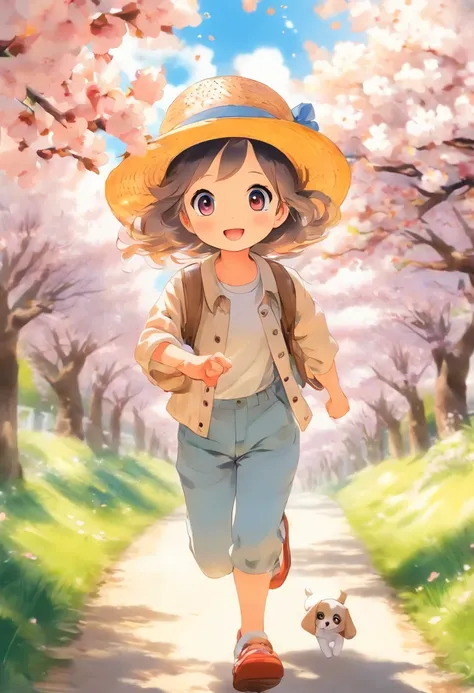 A cute girl with big eyes，trousers，Straw Hat Hat，The puppies are running，Blue sky and white clouds，The road is lined with beautiful cherry blossom trees，WaterColor style