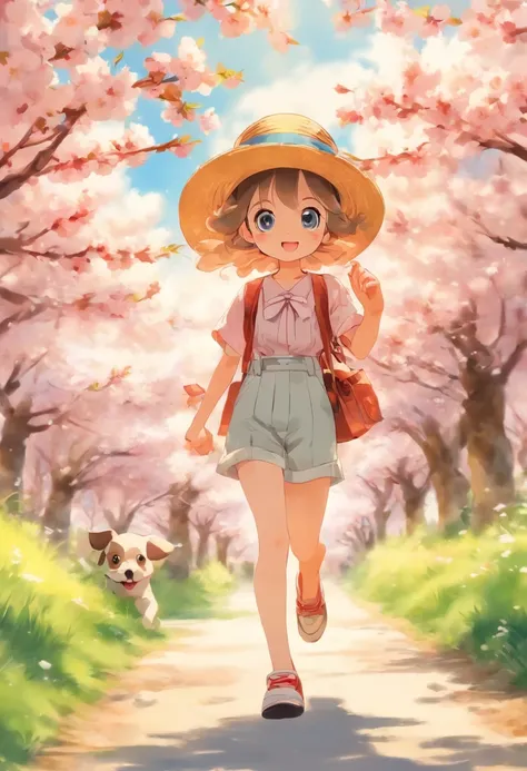 A cute girl with big eyes，trousers，Straw Hat Hat，The puppies are running，Blue sky and white clouds，The road is lined with beautiful cherry blossom trees，WaterColor style