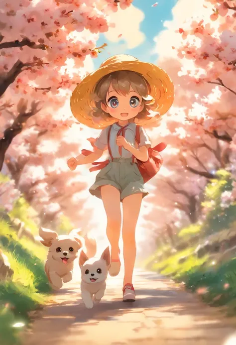 A cute girl with big eyes，trousers，Straw Hat Hat，The puppies are running，Blue sky and white clouds，The road is lined with beautiful cherry blossom trees，WaterColor style