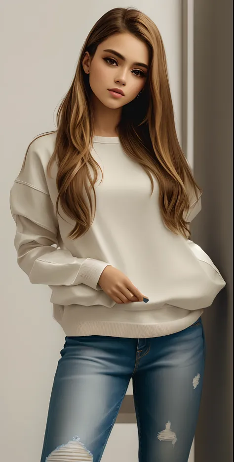 uma mulher com capuz bege e jeans rasgado posando para uma foto, Capuz Bege, usando capuz, usando um capuz oversized, capuz cinza, menina vestindo capuz, Capuz Oversized, vestindo um moletom cinza com capuz, capuz cinza, Capuz, encapuzado, usando um capuz,...