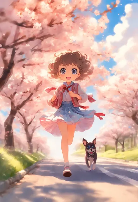 A cute girl with big eyes，Long skirt，The puppy is running，Blue sky and white clouds，The road is lined with beautiful cherry blossom trees，WaterColor style