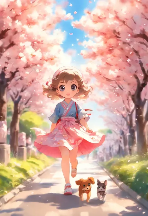 A cute girl with big eyes，Long skirt，The puppy is running，Blue sky and white clouds，The road is lined with beautiful cherry blossom trees，WaterColor style