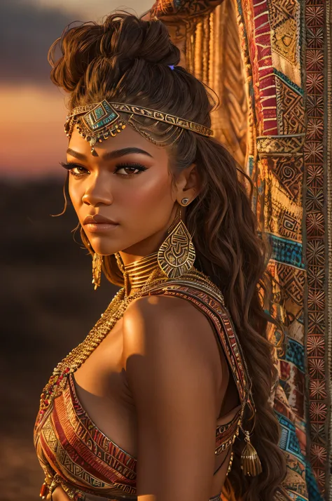 Zendaya is a beautiful woman. gigantic bosom. In ragged clothing called in Aztec jewelry on. sunset behind her. Dramatic lighting. Photographed on Sony a7 iv. 12k ultra HD