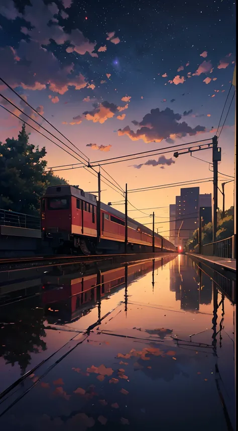 obra-prima de alta qualidade, Paisagem, Train anime passing through bodies of water on rails, Bright red starry sky. Romantic train, Pixiv, arte conceitual, Estilo de Arte Lofi, reflection. Por Makoto Shinkai, Arte Lofi, Anime Nice Jantar, Paisagem de anim...