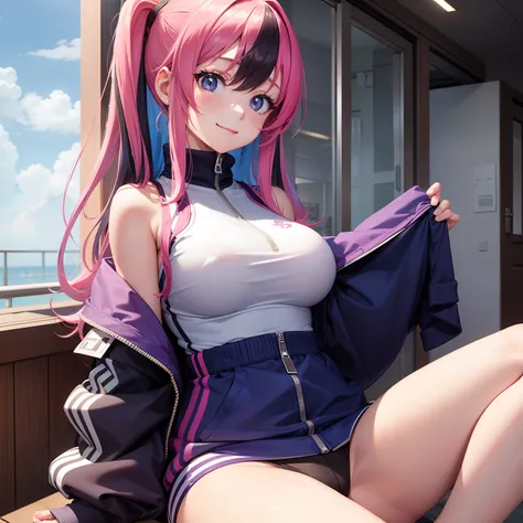 Girl in track jacket、girl、Erotic cute、a smile、multicolored hair、top-quality、​masterpiece、超A high resolution、huge tit、beautiful a girl、Excellent style、