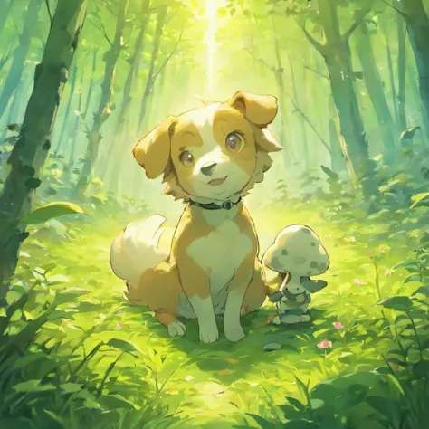 There is a small flower dog playing in the mushroom-covered forest