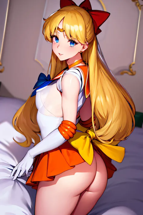 masterpiece, best quality, high resolution, high detail face, venus1, 1 girl, solo, sailor senshi uniform, sailor venus, aino minako, blonde hair, magical girl, blue eyes, orange skirt, elbow length gloves, tiara, pleated skirt, bow for hair, orange sailor...