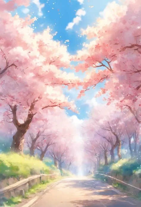 Blue sky and white clouds，The road is lined with beautiful cherry blossom trees，WaterColor style