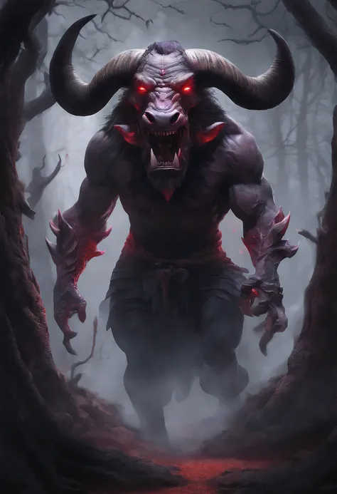 (best quality,4k,8k,highres,masterpiece:1.2),ultra-detailed,(realistic,photorealistic,photo-realistic:1.37),demon with cow pattern on his skin,painted with oil on canvas,fiery red eyes,bull-like horns,sharp teeth,gargantuan muscular build,bloody saliva dri...