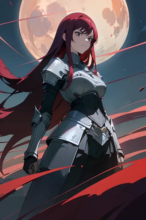 erza scarlet, anime woman, long hair, red colored hair, black colored eyes, wearing a steel armor, standing pose, neutral face, big chest, big thighs, big body, 1 girl, mountain scenario, moon light on her face, strong wind, glowing eyes, detailed lips, de...