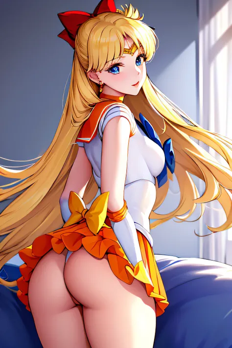 masterpiece, best quality, high resolution, high detail face, venus1, 1 girl, solo, sailor senshi uniform, sailor venus, aino minako, blonde hair, magical girl, blue eyes, orange skirt, elbow length gloves, tiara, pleated skirt, bow for hair, orange sailor...