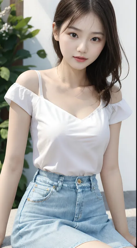 Beautiful and charming woman in fashion trend, gentle and lovely Chinese beautiful woman, Big breasts, delicate sexy collarbone, charming goose egg face, Double eyelids, flexible peach blossom eyes, Pink lips, small upturned nose, Bare shoulders, Focused f...