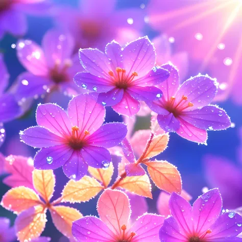 blue-violet flowers with dew drops, pink leaves and stems, frost, frosty golden ice, peach color background, glow, sun rays and glare, high detail, full detail, high resolution, glow, rendering , photorealistic, 55 mm, volumetric lighting, ray tracing, ref...